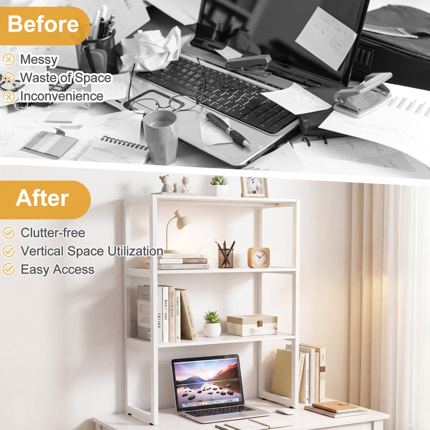 3-Tier Countertop Storage Hutch with Open Shelves, White Bookcases at Gallery Canada