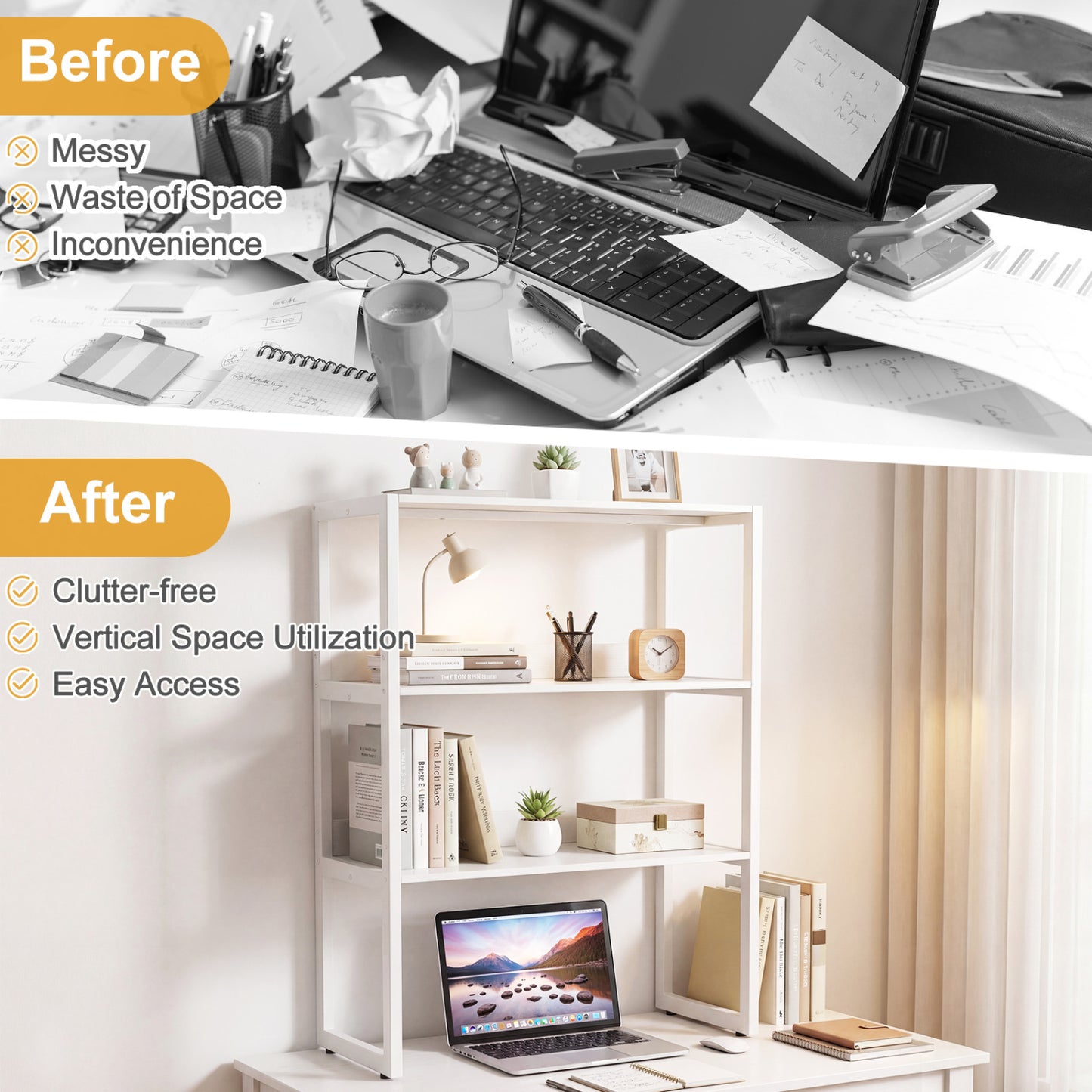 3-Tier Countertop Storage Hutch with Open Shelves, White Bookcases at Gallery Canada