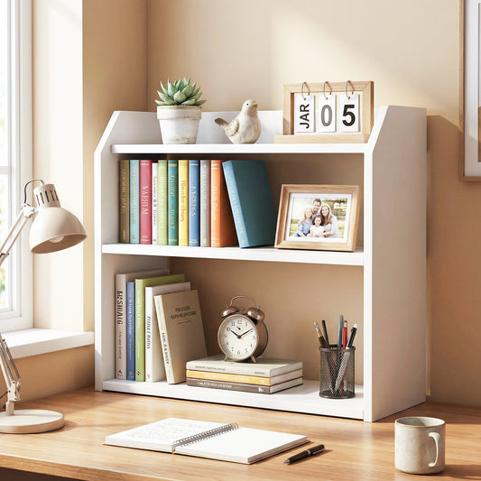 3-Tier Desktop Bookshelf Wooden Countertop Bookcase with Raised Top Guardrails, White Bookcases White at Gallery Canada