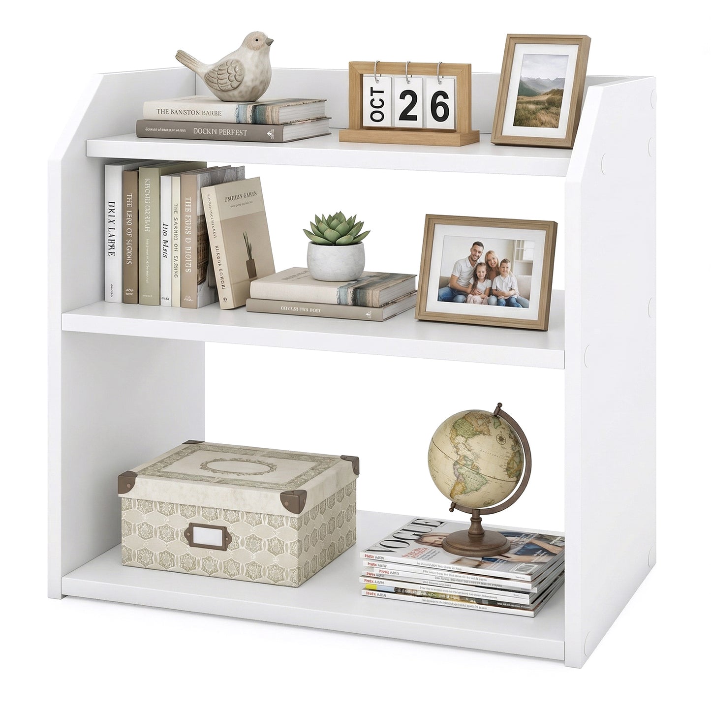 3-Tier Desktop Bookshelf Wooden Countertop Bookcase with Raised Top Guardrails, White Bookcases at Gallery Canada