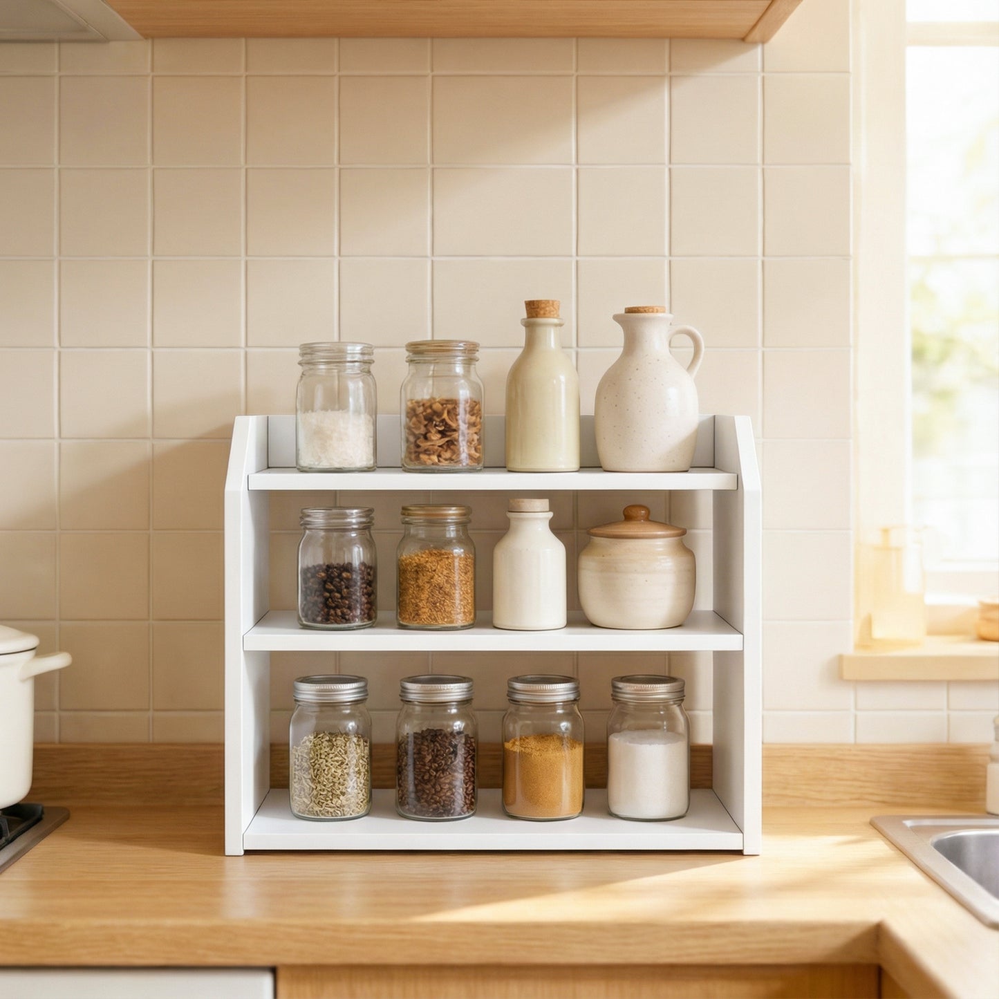 3-Tier Desktop Bookshelf Wooden Countertop Bookcase with Raised Top Guardrails, White Bookcases at Gallery Canada