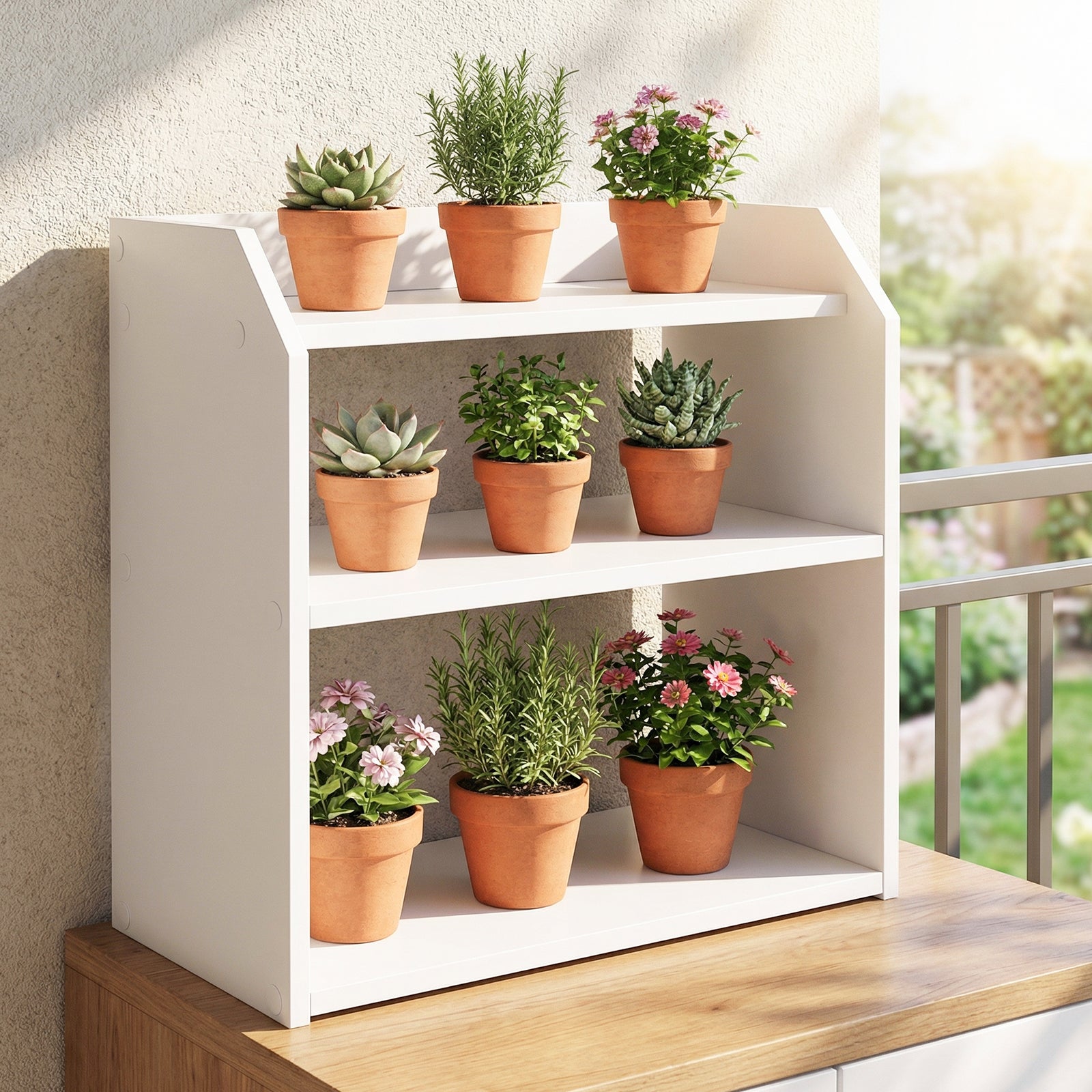 3-Tier Desktop Bookshelf Wooden Countertop Bookcase with Raised Top Guardrails, White Bookcases at Gallery Canada