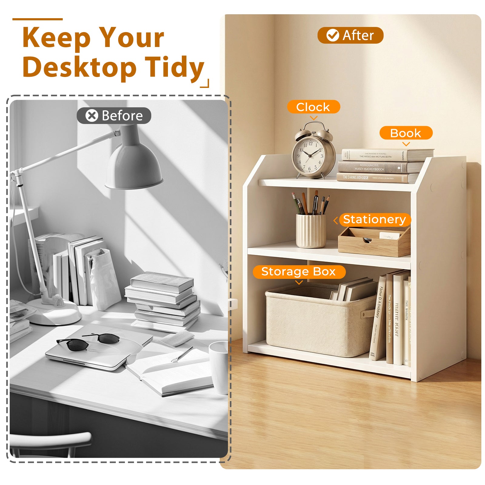 3-Tier Desktop Bookshelf Wooden Countertop Bookcase with Raised Top Guardrails, White Bookcases at Gallery Canada