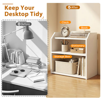 3-Tier Desktop Bookshelf Wooden Countertop Bookcase with Raised Top Guardrails, White Bookcases at Gallery Canada