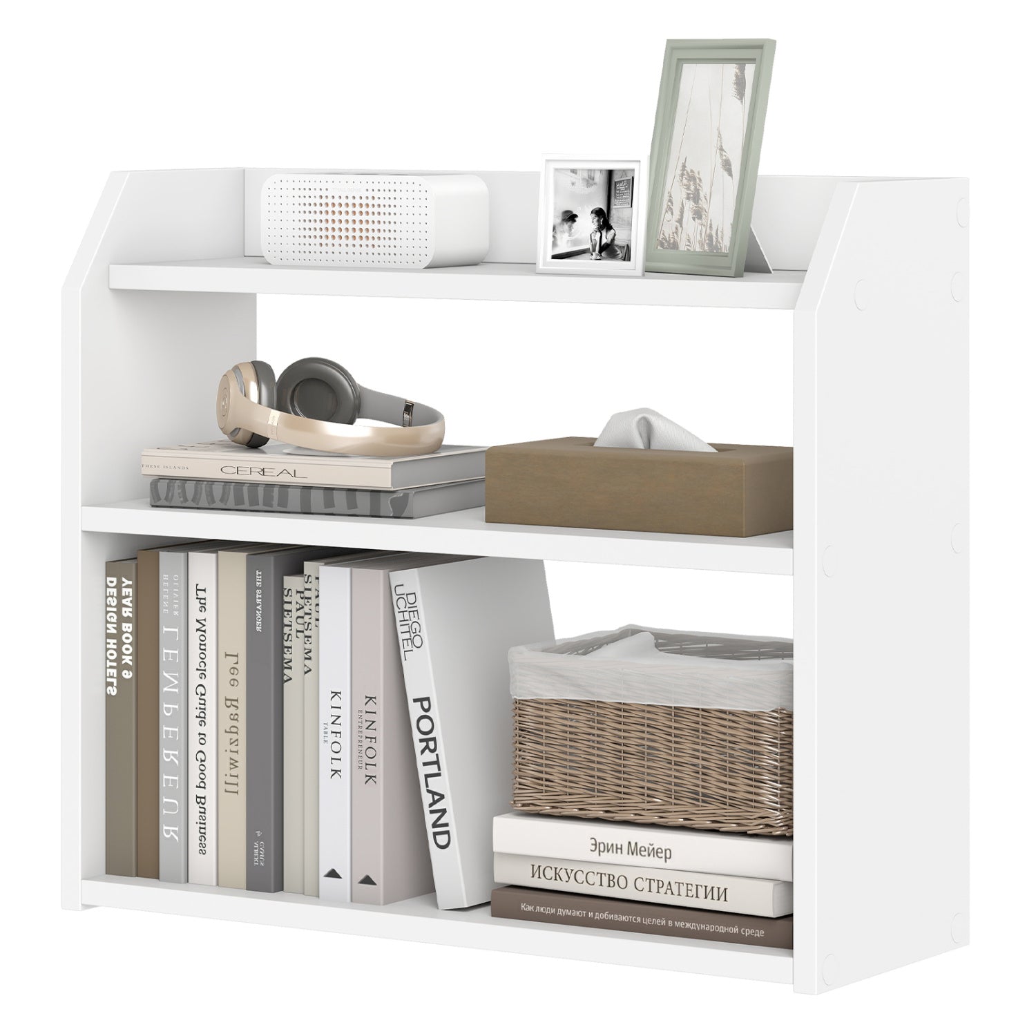 3-Tier Desktop Bookshelf Wooden Countertop Bookcase with Raised Top Guardrails, White Bookcases White at Gallery Canada