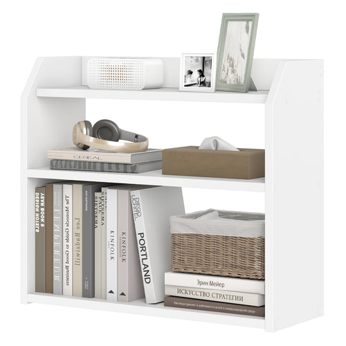 3-Tier Desktop Bookshelf Wooden Countertop Bookcase with Raised Top Guardrails, White