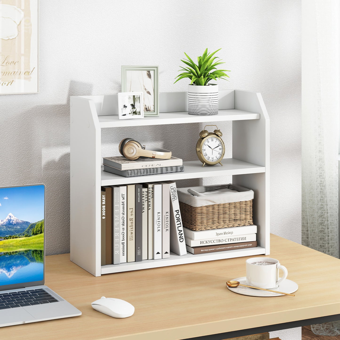 3-Tier Desktop Bookshelf Wooden Countertop Bookcase with Raised Top Guardrails, White Bookcases at Gallery Canada