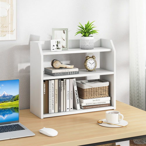3-Tier Desktop Bookshelf Wooden Countertop Bookcase with Raised Top Guardrails, White