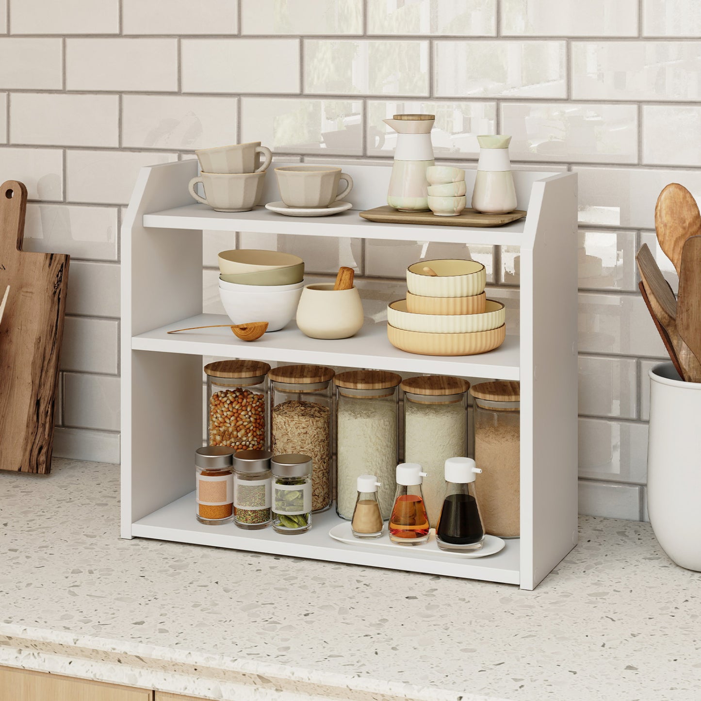 3-Tier Desktop Bookshelf Wooden Countertop Bookcase with Raised Top Guardrails, White Bookcases at Gallery Canada