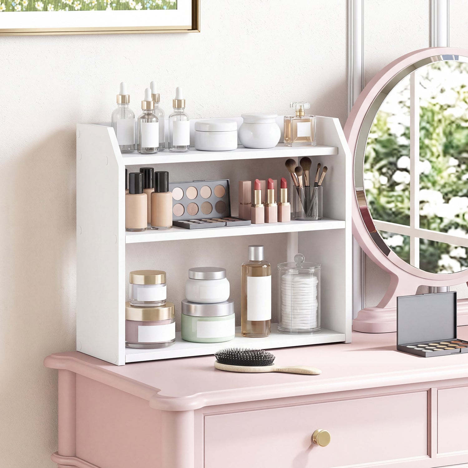 3-Tier Desktop Bookshelf Wooden Countertop Bookcase with Raised Top Guardrails, White Bookcases at Gallery Canada