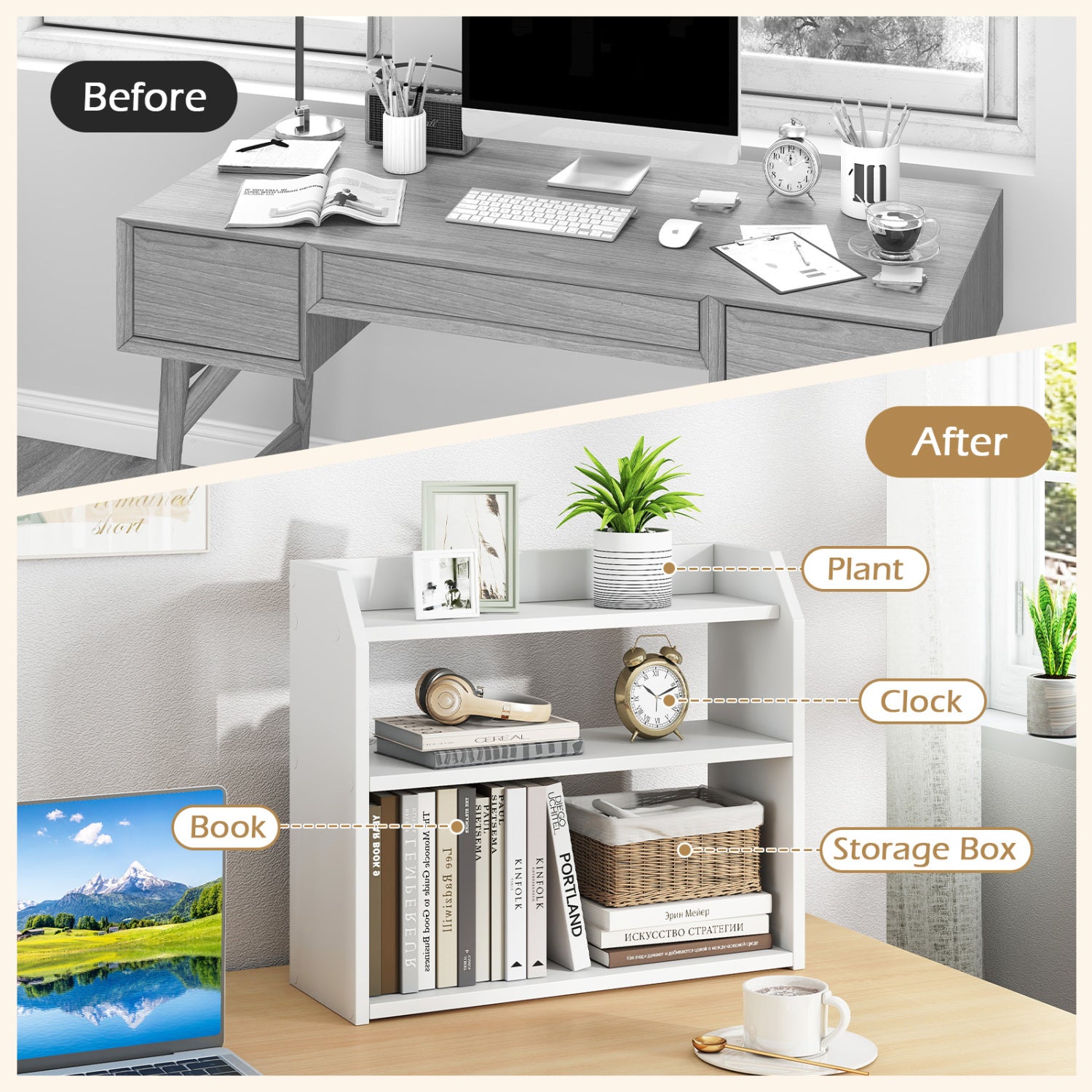 3-Tier Desktop Bookshelf Wooden Countertop Bookcase with Raised Top Guardrails, White Bookcases at Gallery Canada