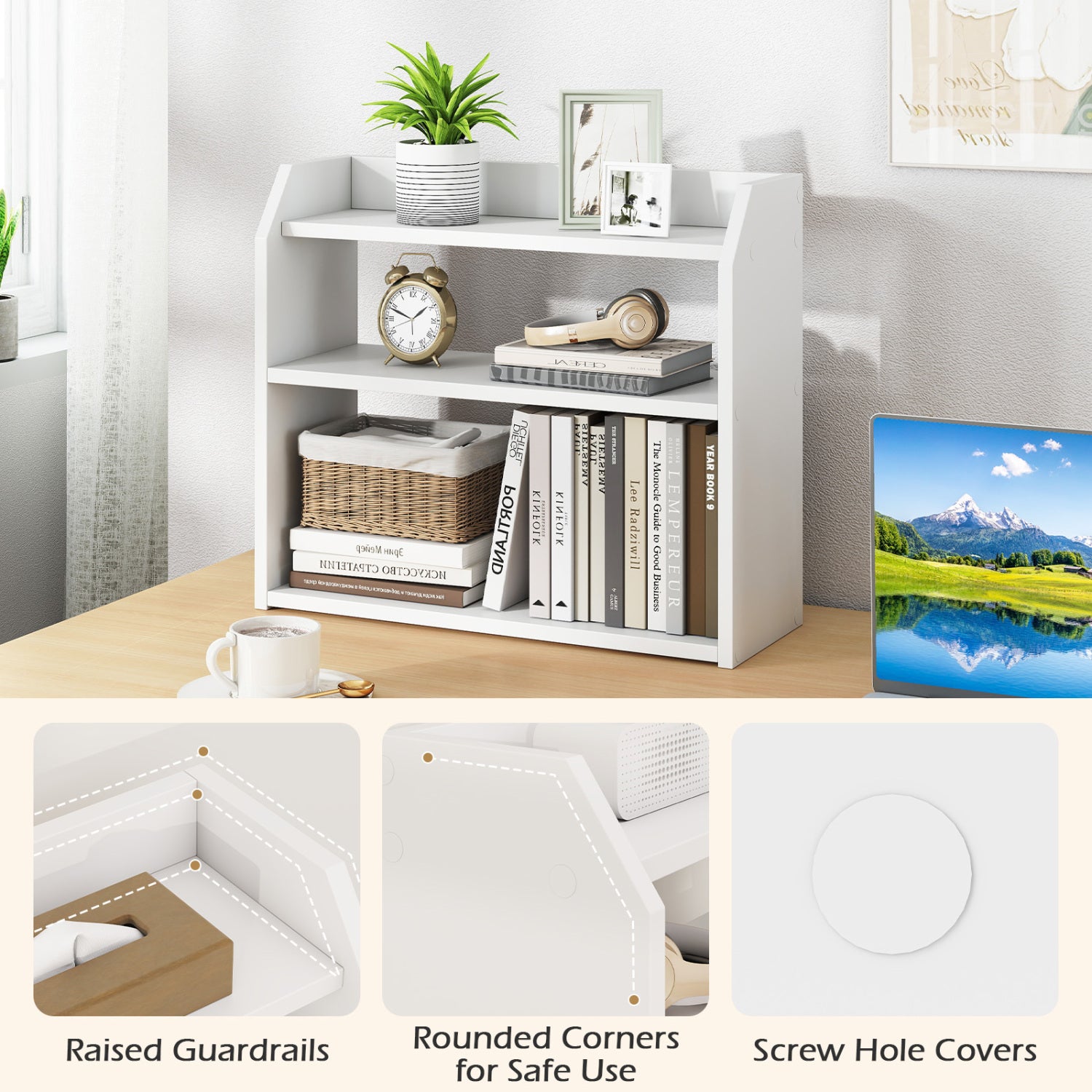 3-Tier Desktop Bookshelf Wooden Countertop Bookcase with Raised Top Guardrails, White Bookcases at Gallery Canada