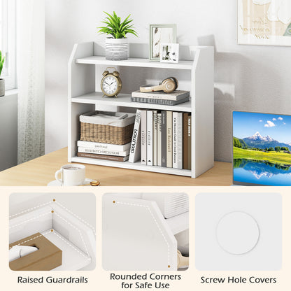 3-Tier Desktop Bookshelf Wooden Countertop Bookcase with Raised Top Guardrails, White Bookcases at Gallery Canada