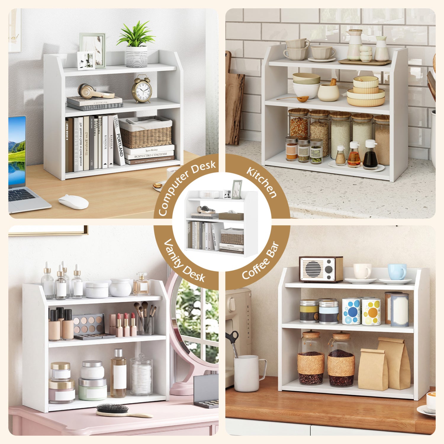 3-Tier Desktop Bookshelf Wooden Countertop Bookcase with Raised Top Guardrails, White Bookcases at Gallery Canada