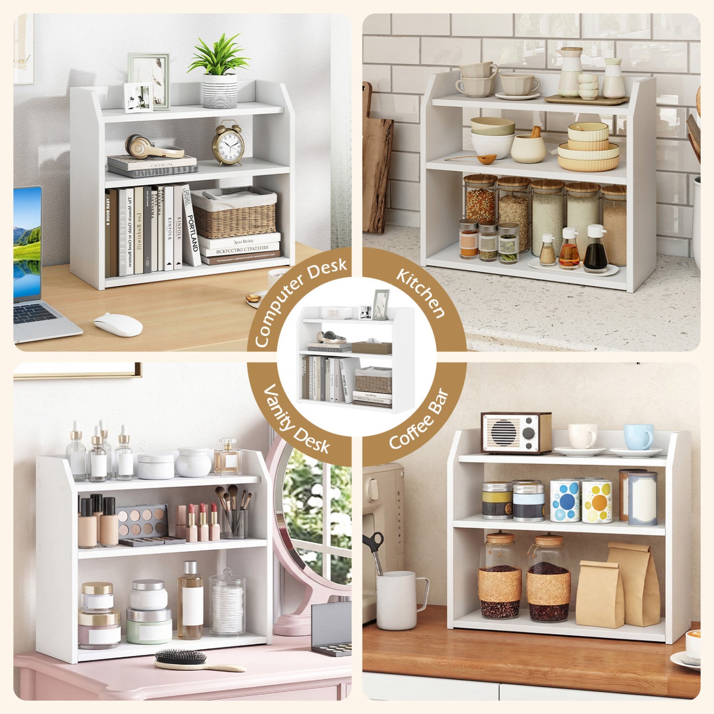 3-Tier Desktop Bookshelf Wooden Countertop Bookcase with Raised Top Guardrails, White Bookcases at Gallery Canada