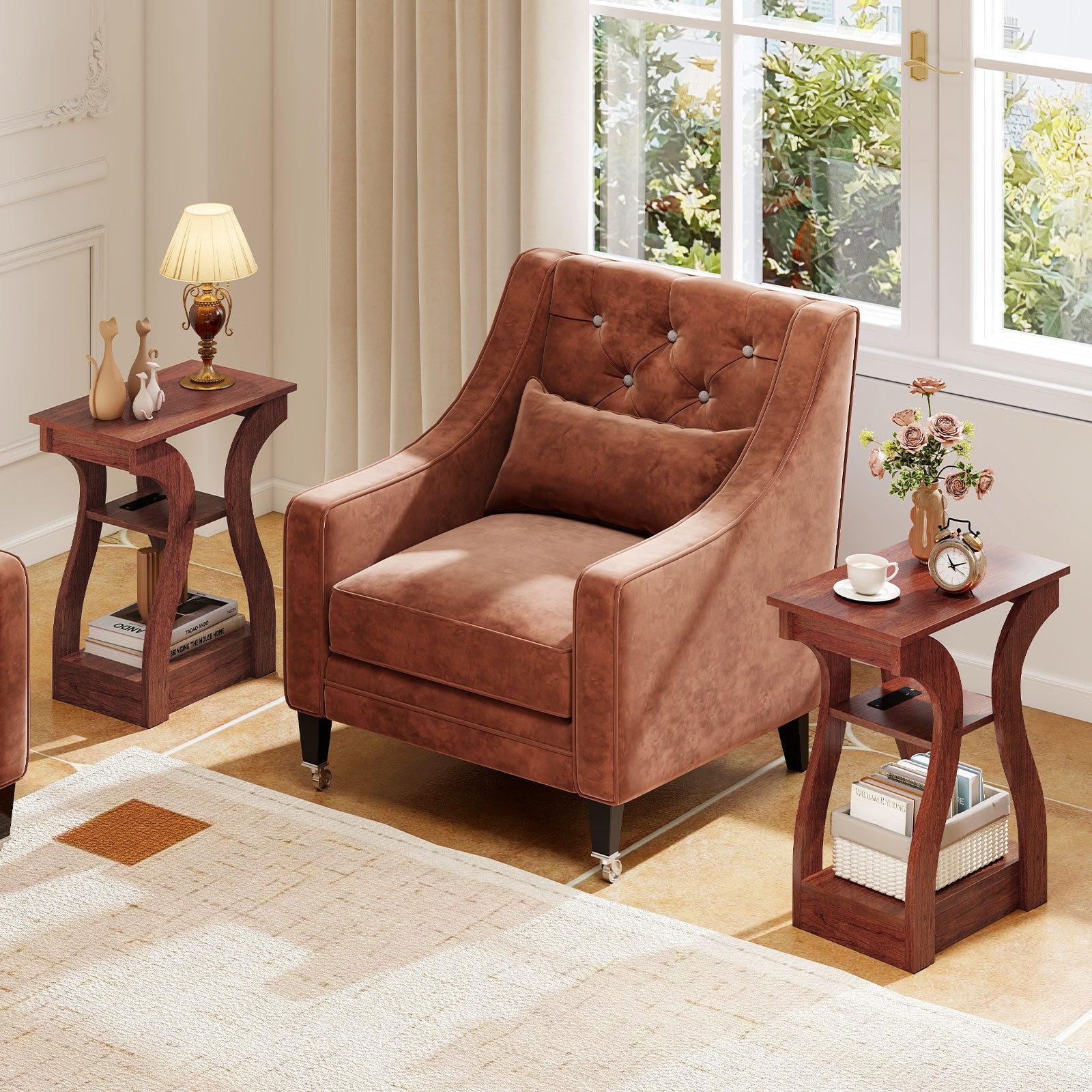 3-Tier End Tables, Set Of 2, Charging Station, Open Shelves, Cherry End & Side Tables at Gallery Canada