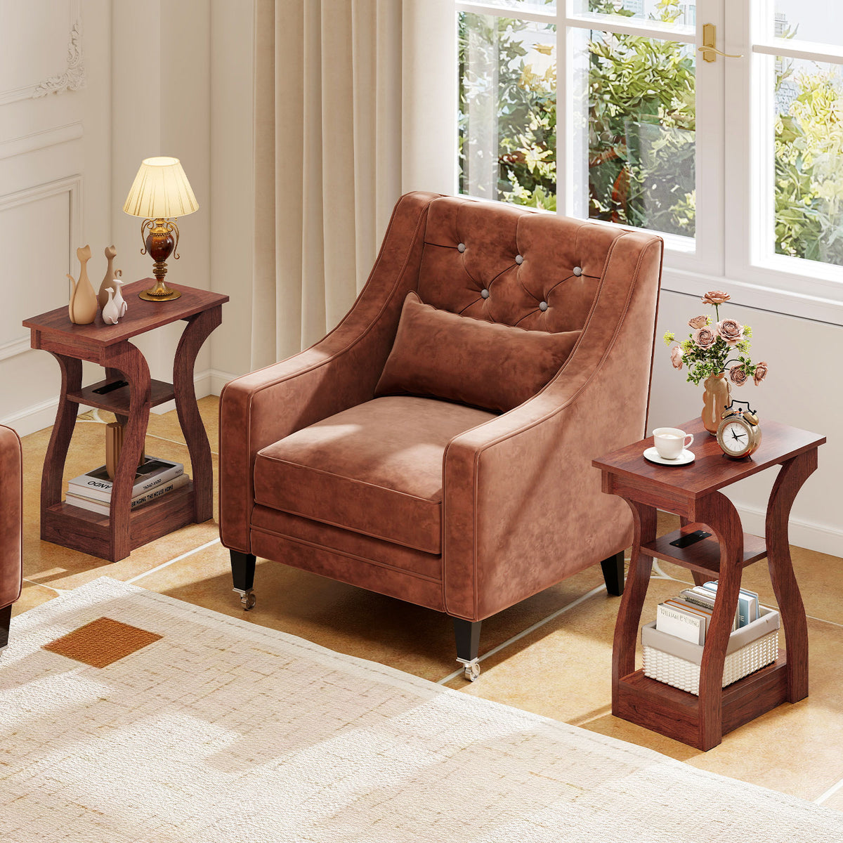 3-Tier End Tables, Set Of 2, Charging Station, Open Shelves, Cherry End & Side Tables at Gallery Canada