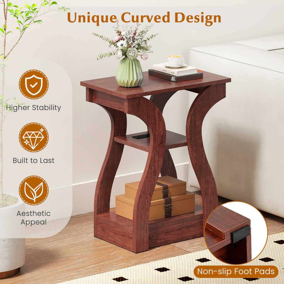 3-Tier End Tables, Set Of 2, Charging Station, Open Shelves, Cherry End & Side Tables at Gallery Canada