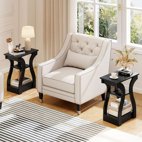 3-Tier End Tables, Set of 2, Charging Station, Open Shelves, Black