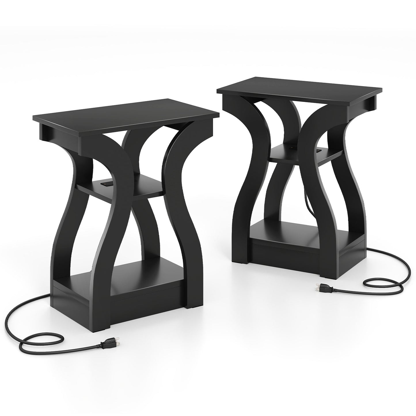 3-Tier End Tables with Charging Station Set of 2 with Open Storage Shelves, Black End & Side Tables at Gallery Canada