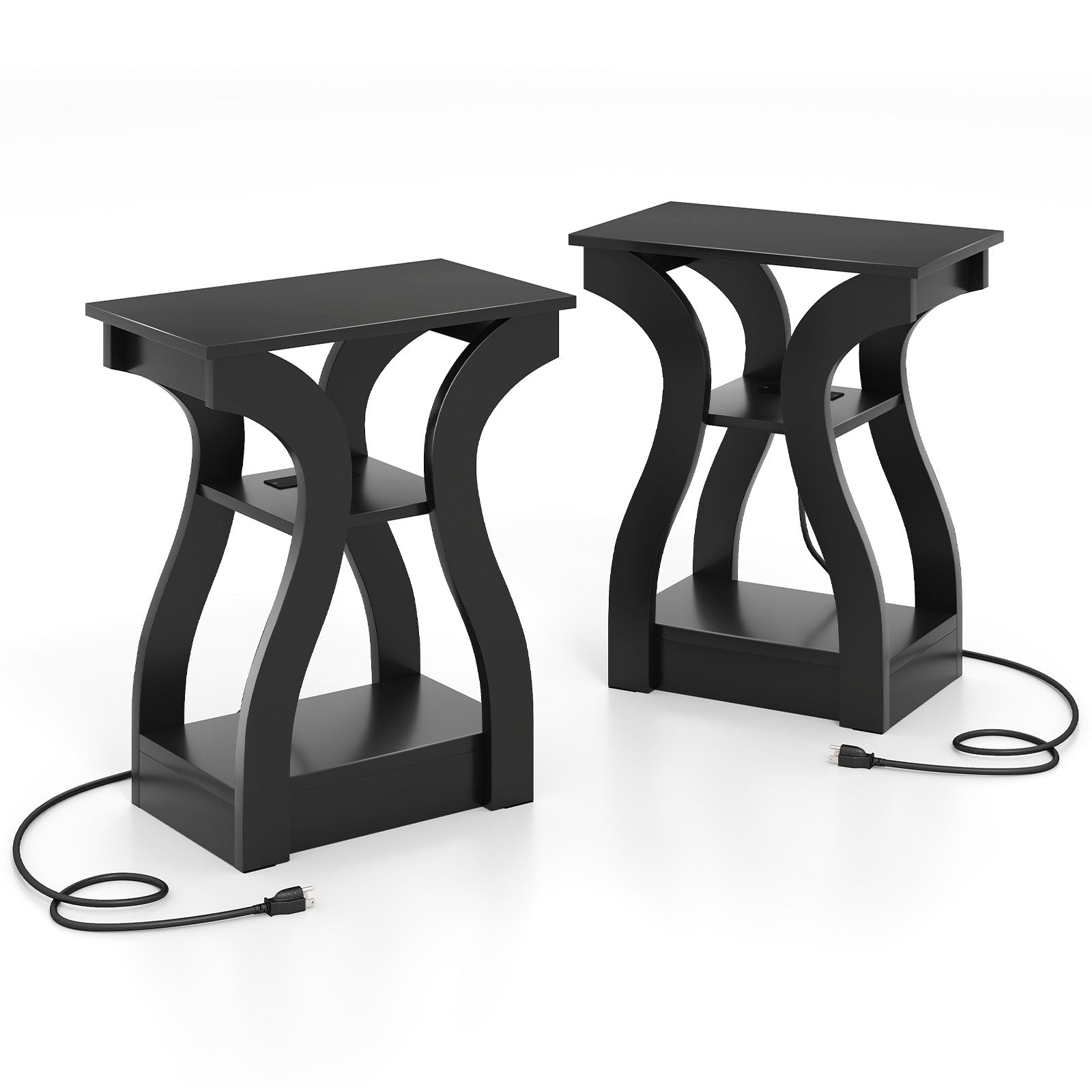 3-Tier End Tables with Charging Station Set of 2 with Open Storage Shelves, Black End & Side Tables Black at Gallery Canada