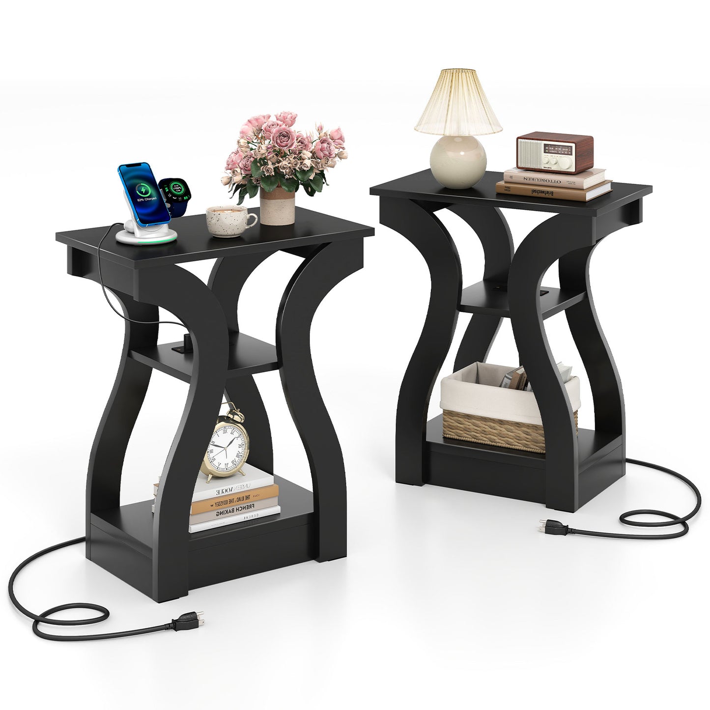 3-Tier End Tables with Charging Station Set of 2 with Open Storage Shelves, Black End & Side Tables at Gallery Canada