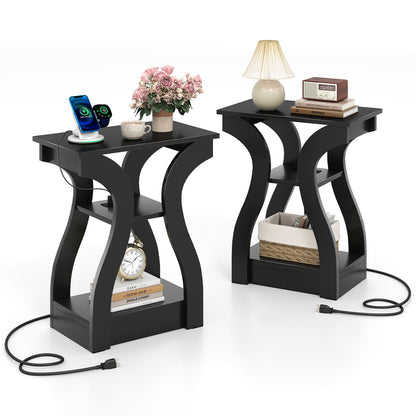 3-Tier End Tables with Charging Station Set of 2 with Open Storage Shelves, Black End & Side Tables at Gallery Canada