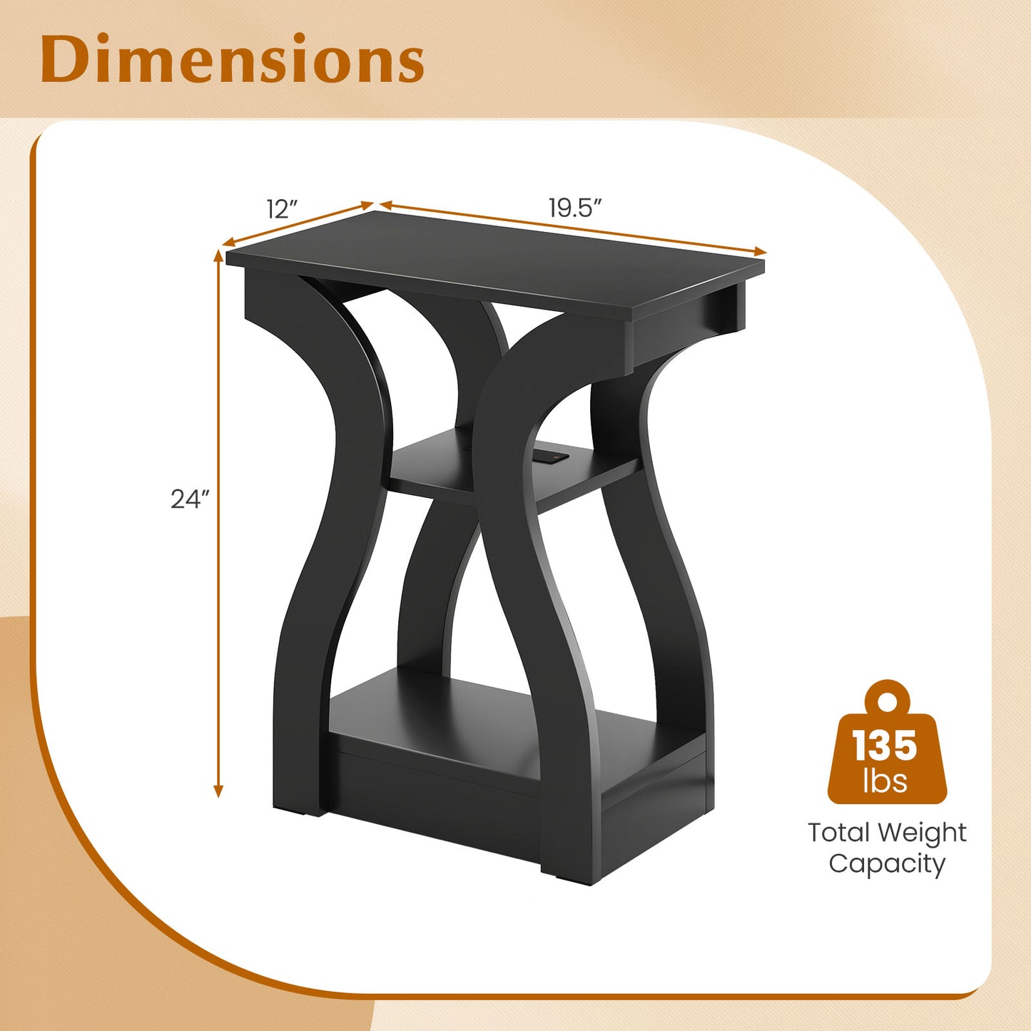 3-Tier End Tables with Charging Station Set of 2 with Open Storage Shelves, Black End & Side Tables at Gallery Canada
