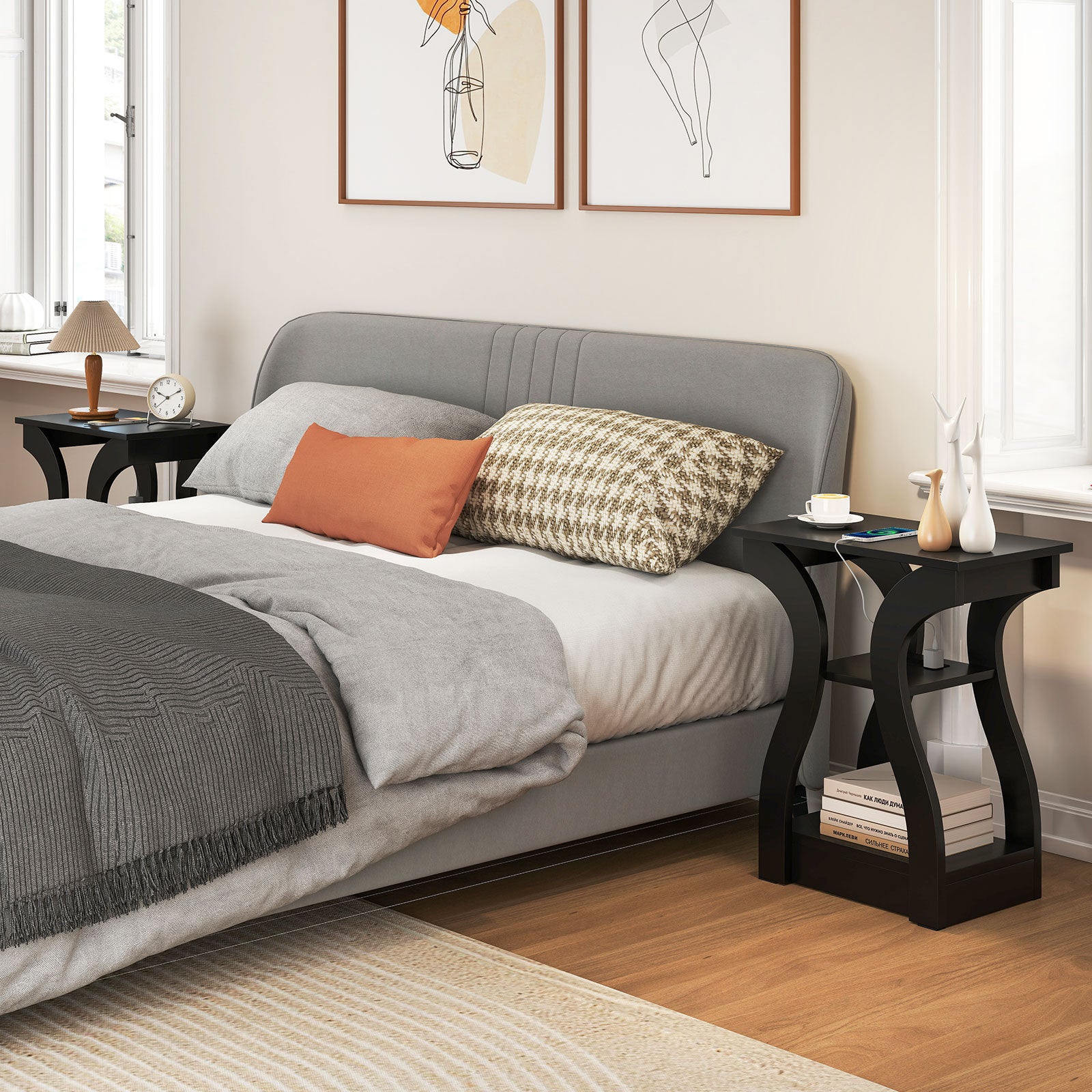 3-Tier End Tables with Charging Station Set of 2 with Open Storage Shelves, Black End & Side Tables at Gallery Canada