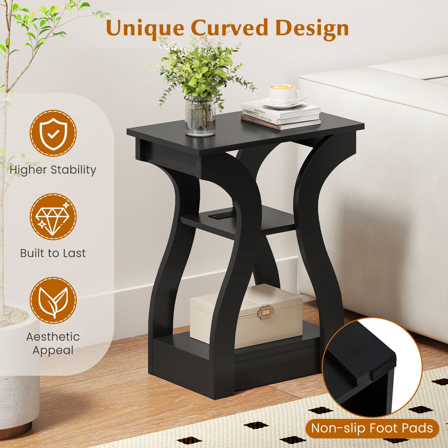 3-Tier End Tables with Charging Station Set of 2 with Open Storage Shelves, Black End & Side Tables at Gallery Canada