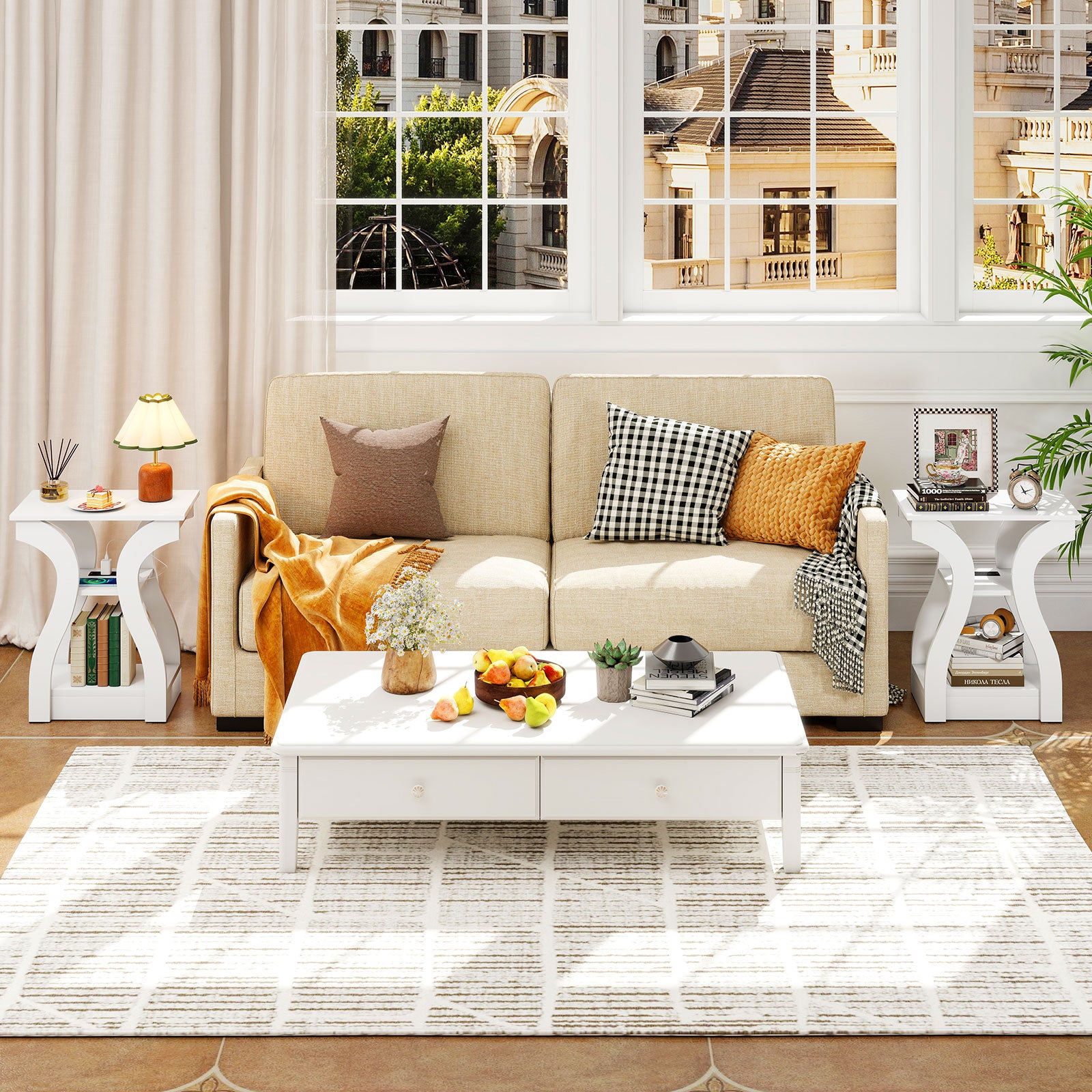 3-Tier End Tables with Charging Station Set of 2 with Open Storage Shelves, White End & Side Tables at Gallery Canada