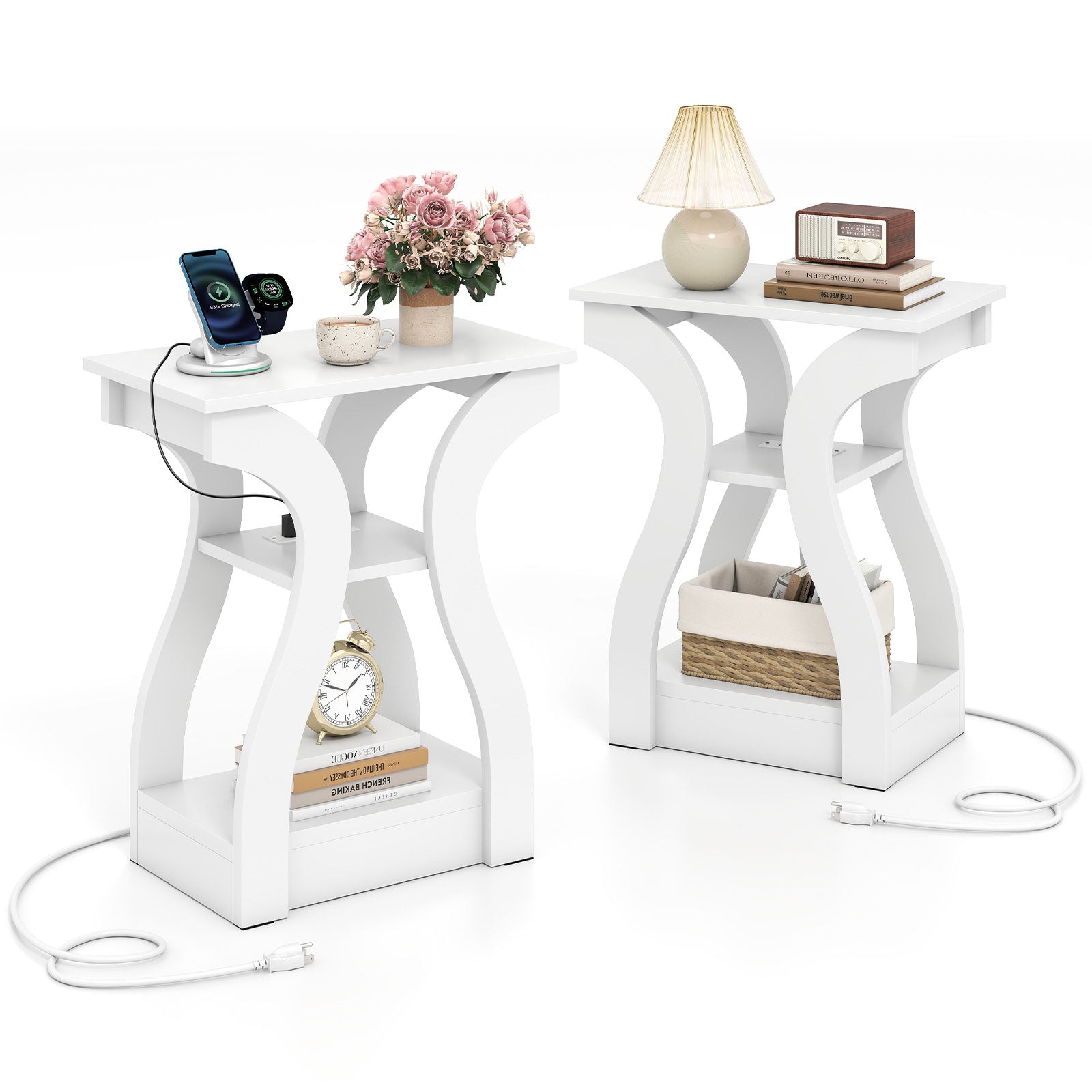3-Tier End Tables with Charging Station Set of 2 with Open Storage Shelves, White End & Side Tables at Gallery Canada