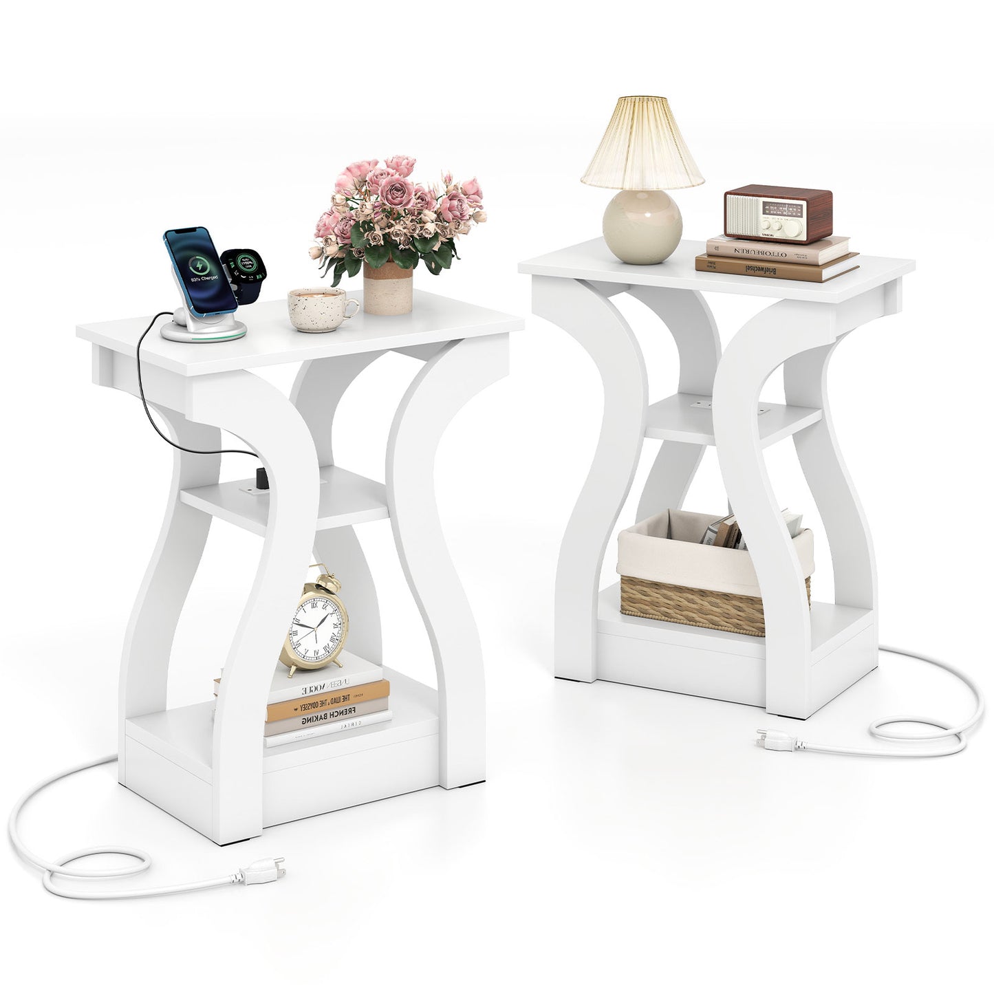 3-Tier End Tables with Charging Station Set of 2 with Open Storage Shelves, White End & Side Tables at Gallery Canada