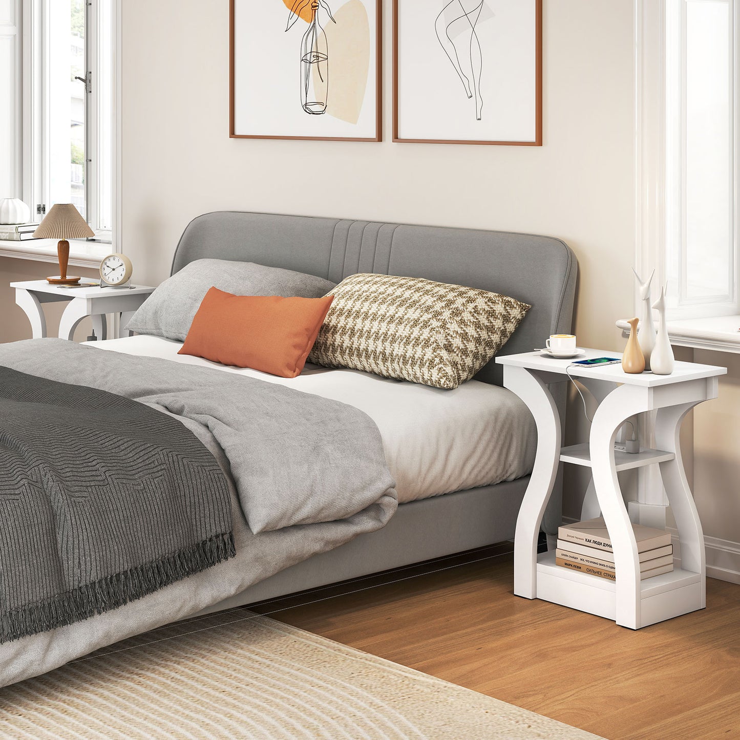 3-Tier End Tables with Charging Station Set of 2 with Open Storage Shelves, White End & Side Tables at Gallery Canada