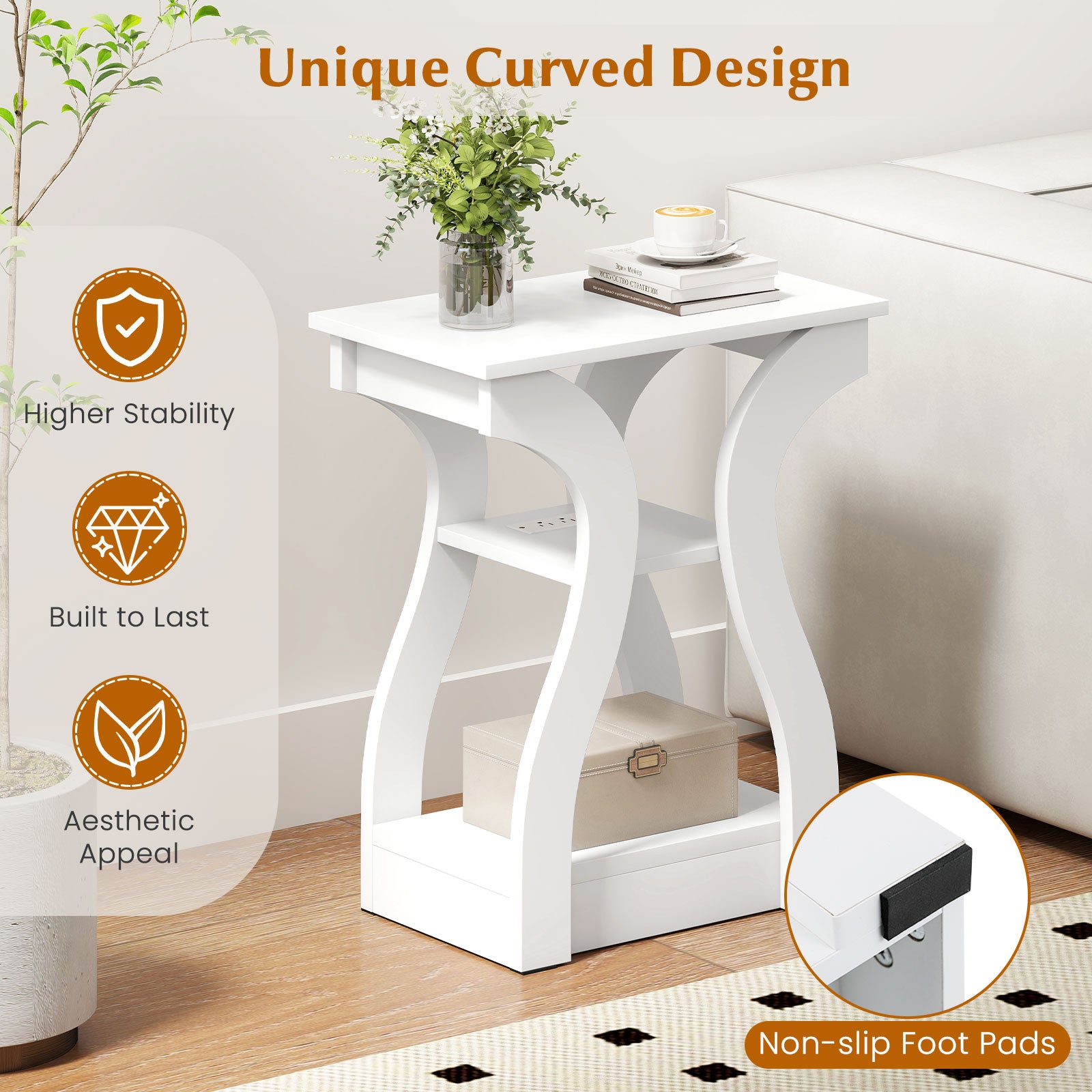 3-Tier End Tables with Charging Station Set of 2 with Open Storage Shelves, White End & Side Tables at Gallery Canada