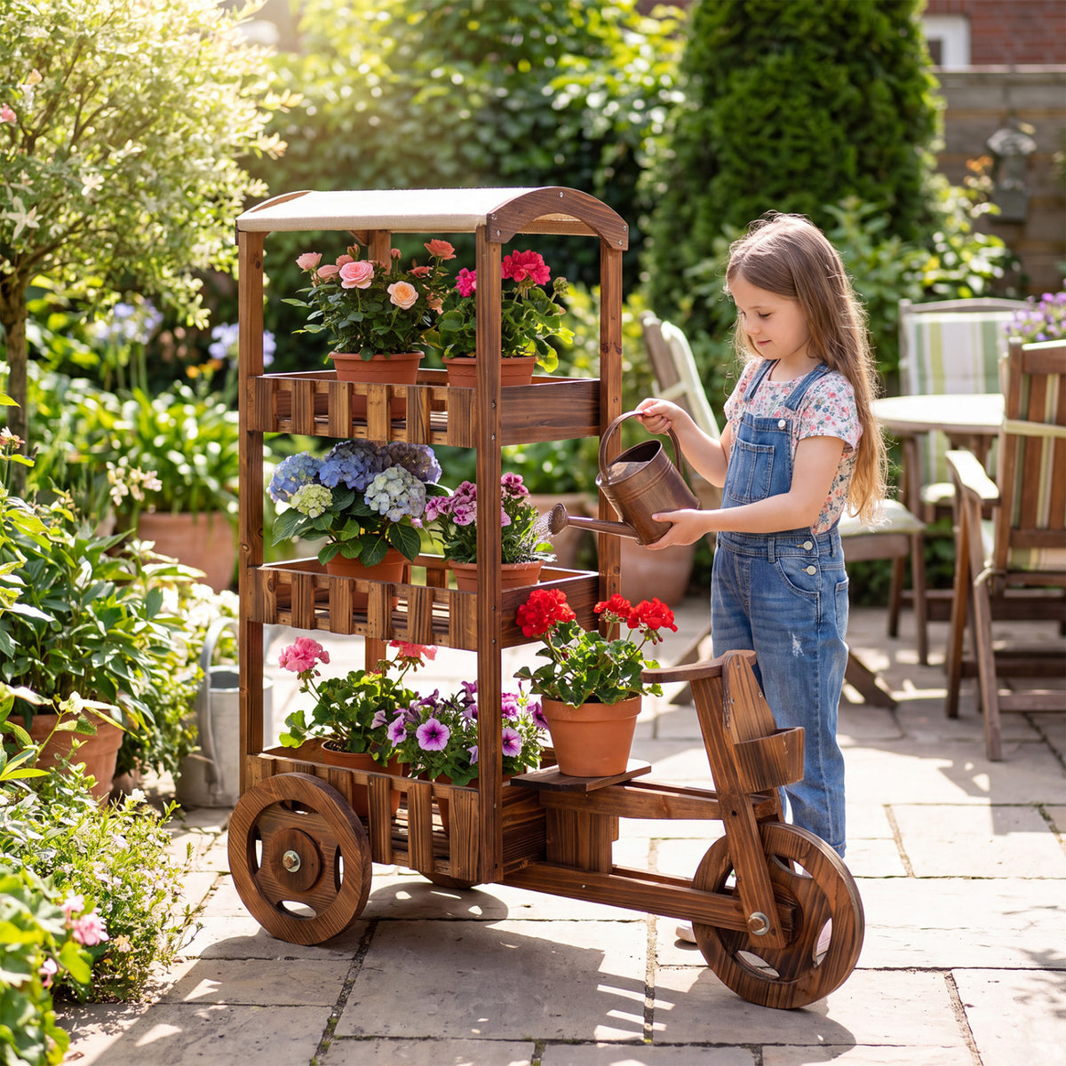 3-Tier Fir Wood Plant Stand, Fabric Canopy, 3 Wheels, Brown Plant Stands at Gallery Canada