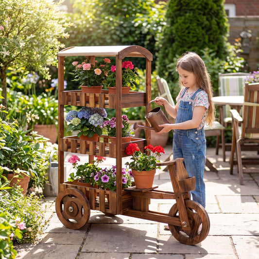 3-Tier Fir Wood Plant Stand, Fabric Canopy, 3 Wheels, Brown Plant Stands Brown at Gallery Canada