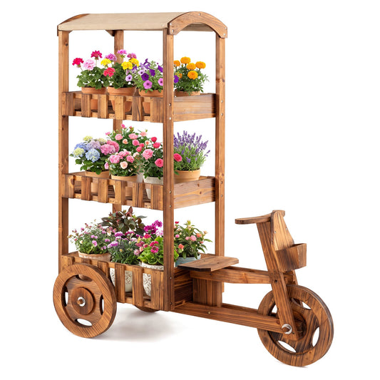 3-Tier Fir Wood Plant Stand, Fabric Canopy, 3 Wheels, Brown Plant Stands Brown at Gallery Canada