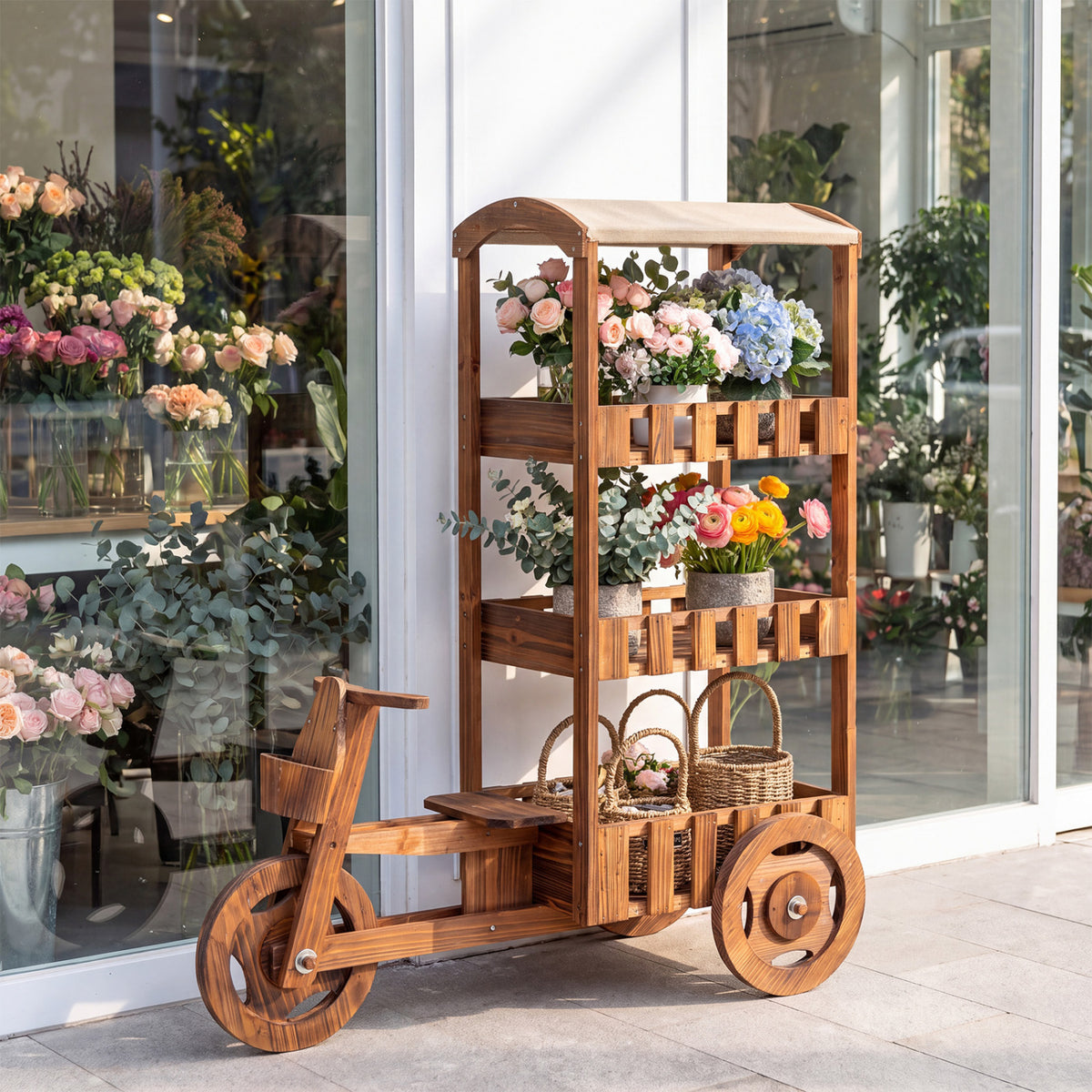 3-Tier Fir Wood Plant Stand, Fabric Canopy, 3 Wheels, Brown Plant Stands at Gallery Canada