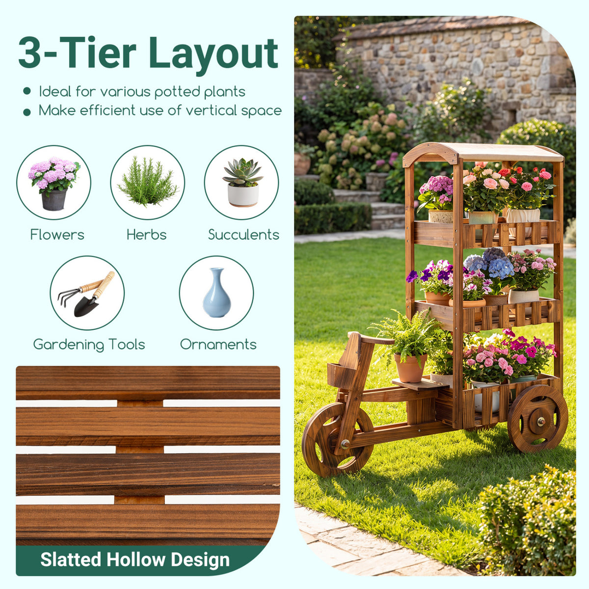 3-Tier Fir Wood Plant Stand, Fabric Canopy, 3 Wheels, Brown Plant Stands at Gallery Canada