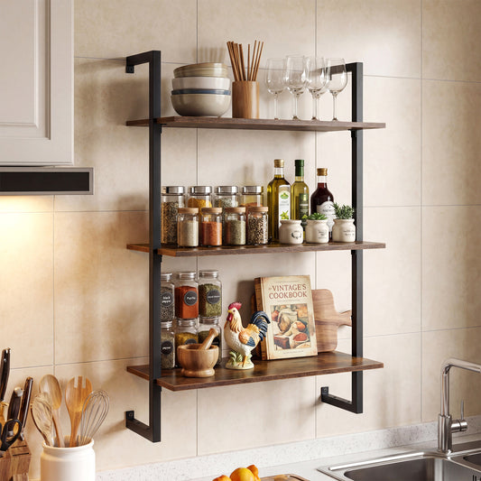 3-Tier Floating Modern Kitchen Shelf for Living Room Home Office and Bathroom, Rustic Brown Bookcases Rustic Brown at Gallery Canada