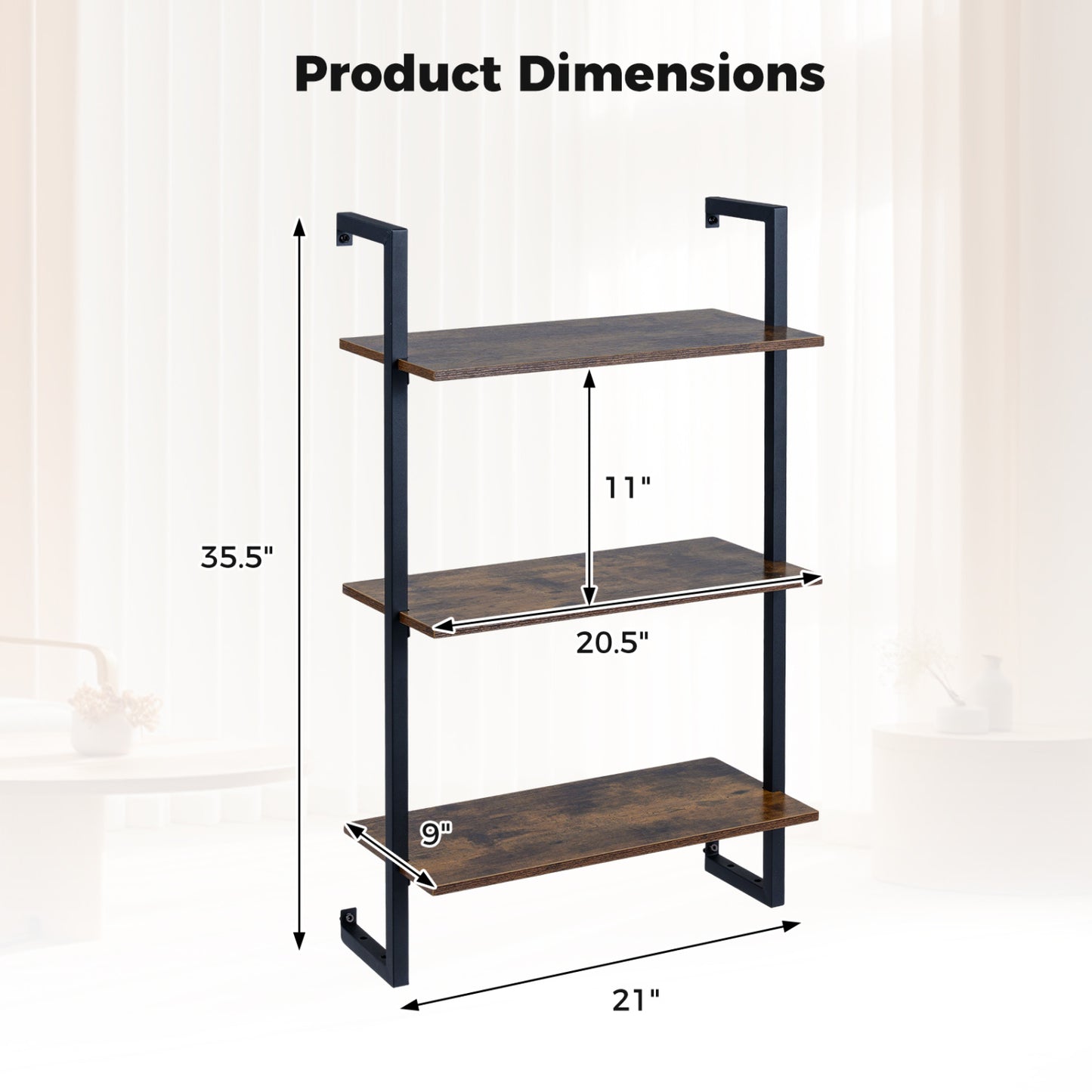 3-Tier Floating Modern Kitchen Shelf for Living Room Home Office and Bathroom, Rustic Brown Bookcases at Gallery Canada