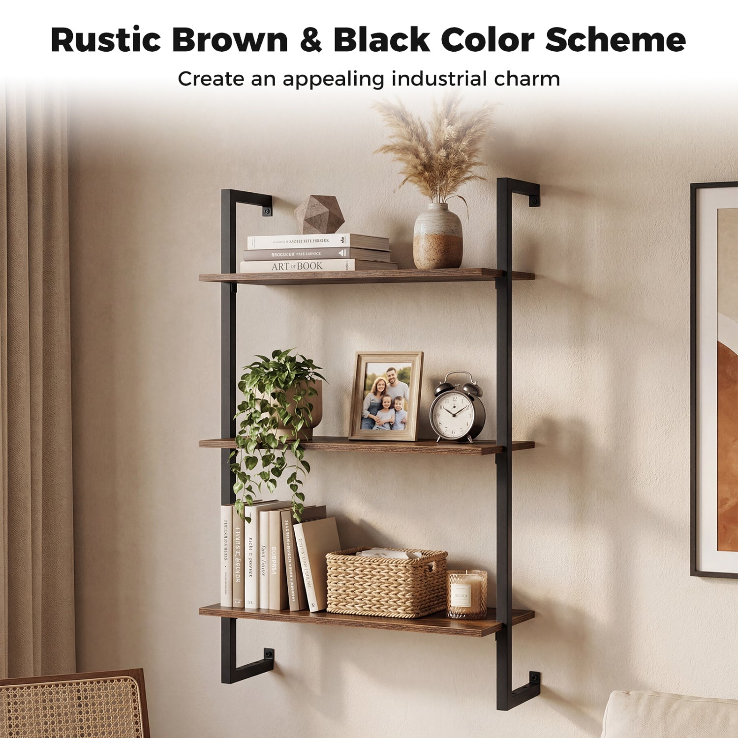 3-Tier Floating Modern Kitchen Shelf for Living Room Home Office and Bathroom, Rustic Brown Bookcases at Gallery Canada