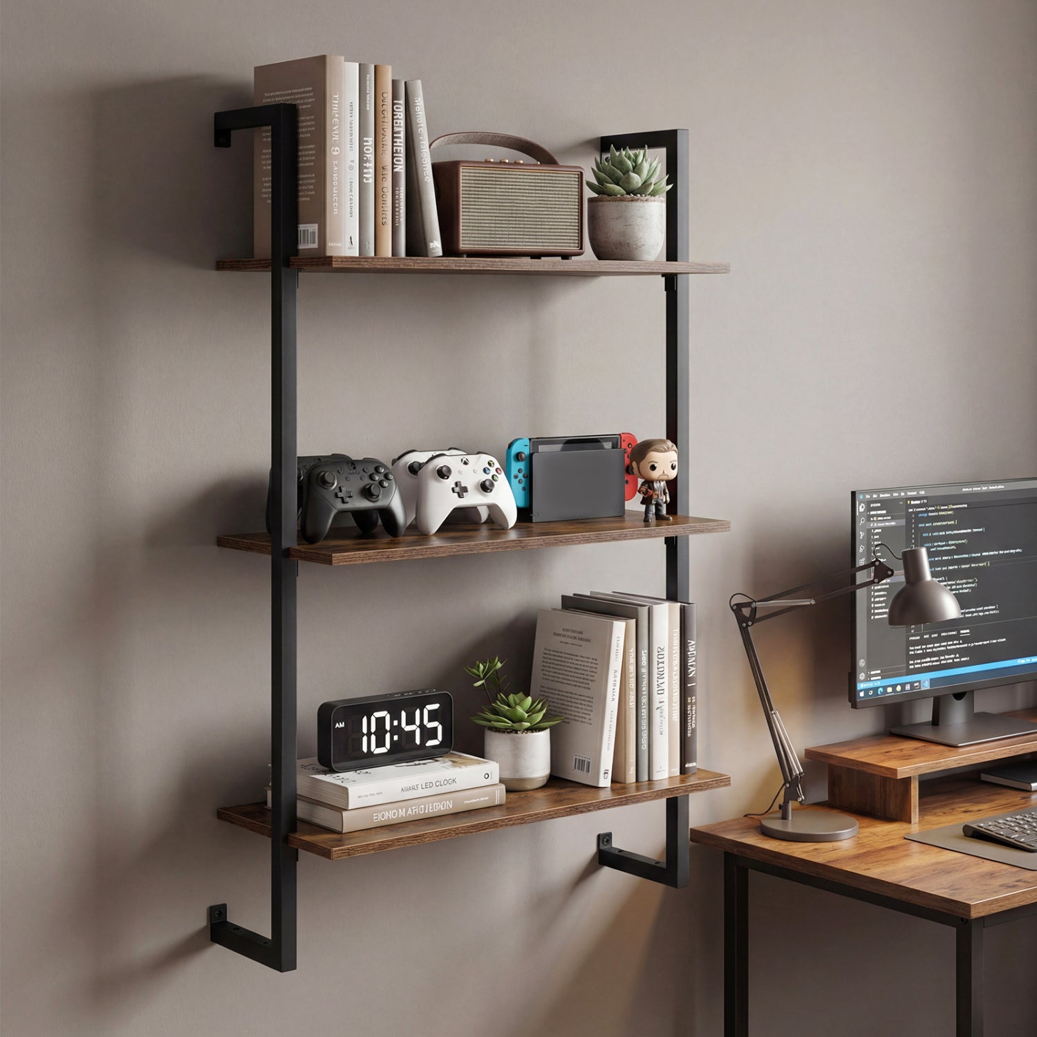 3-Tier Floating Modern Kitchen Shelf for Living Room Home Office and Bathroom, Rustic Brown Bookcases at Gallery Canada