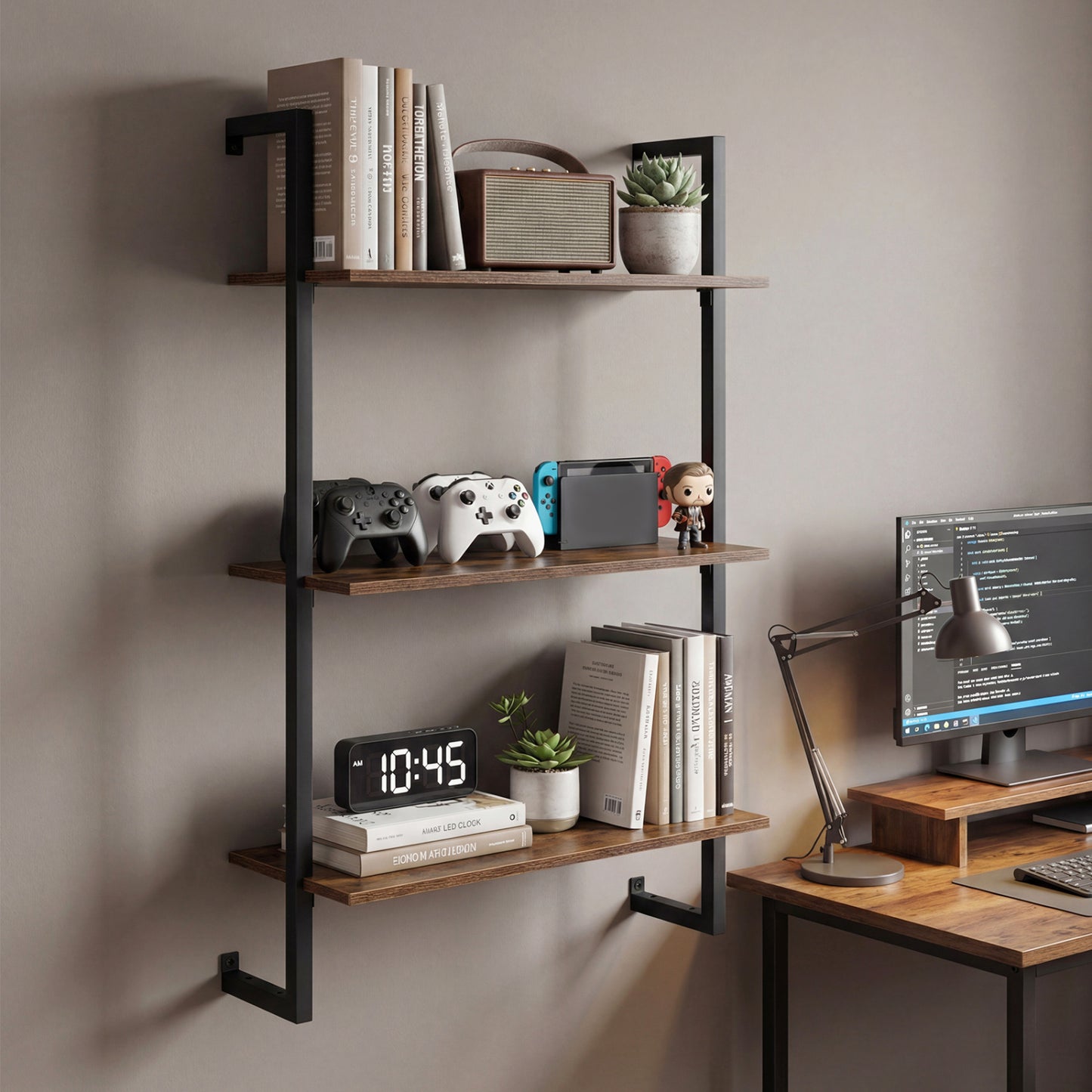 3-Tier Floating Modern Kitchen Shelf for Living Room Home Office and Bathroom, Rustic Brown Bookcases at Gallery Canada