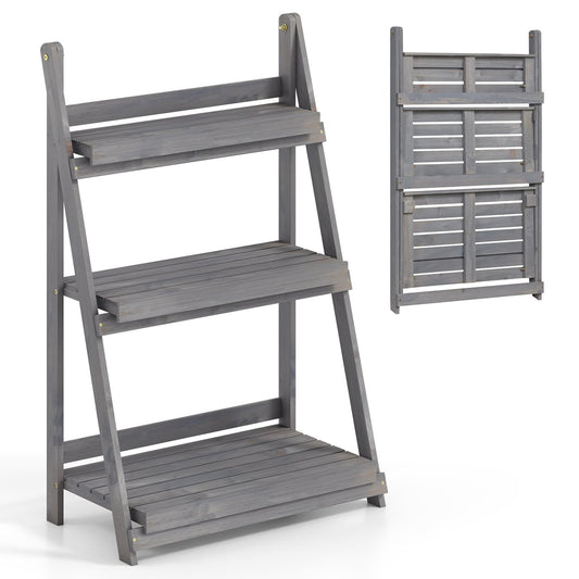 3-Tier Foldable Plant Stand, Slatted Shelves, Fir Wood, Gray Plant Stands Gray at Gallery Canada