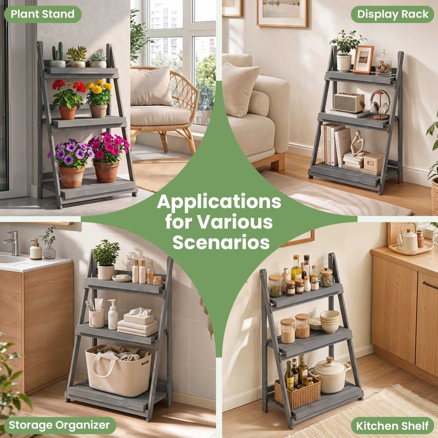 Support de plantes pliable à 3 niveaux, étagères à lattes, bois de sapin, gris