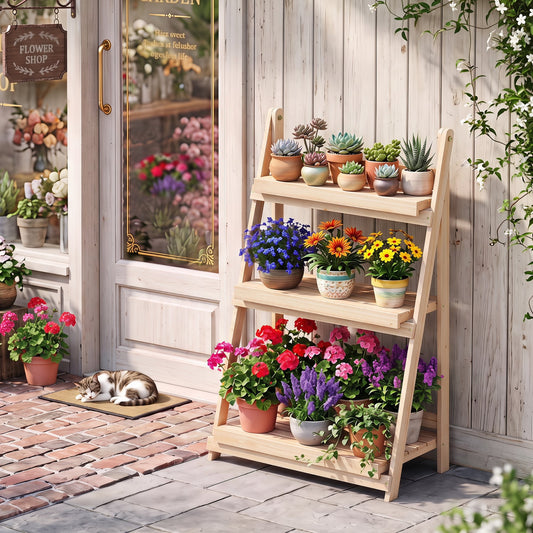 3-Tier Foldable Plant Stand, Slatted Shelves, Fir Wood, Natural Plant Stands Natural at Gallery Canada