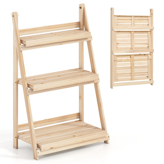3-Tier Foldable Plant Stand, Slatted Shelves, Fir Wood, Natural Plant Stands Natural at Gallery Canada
