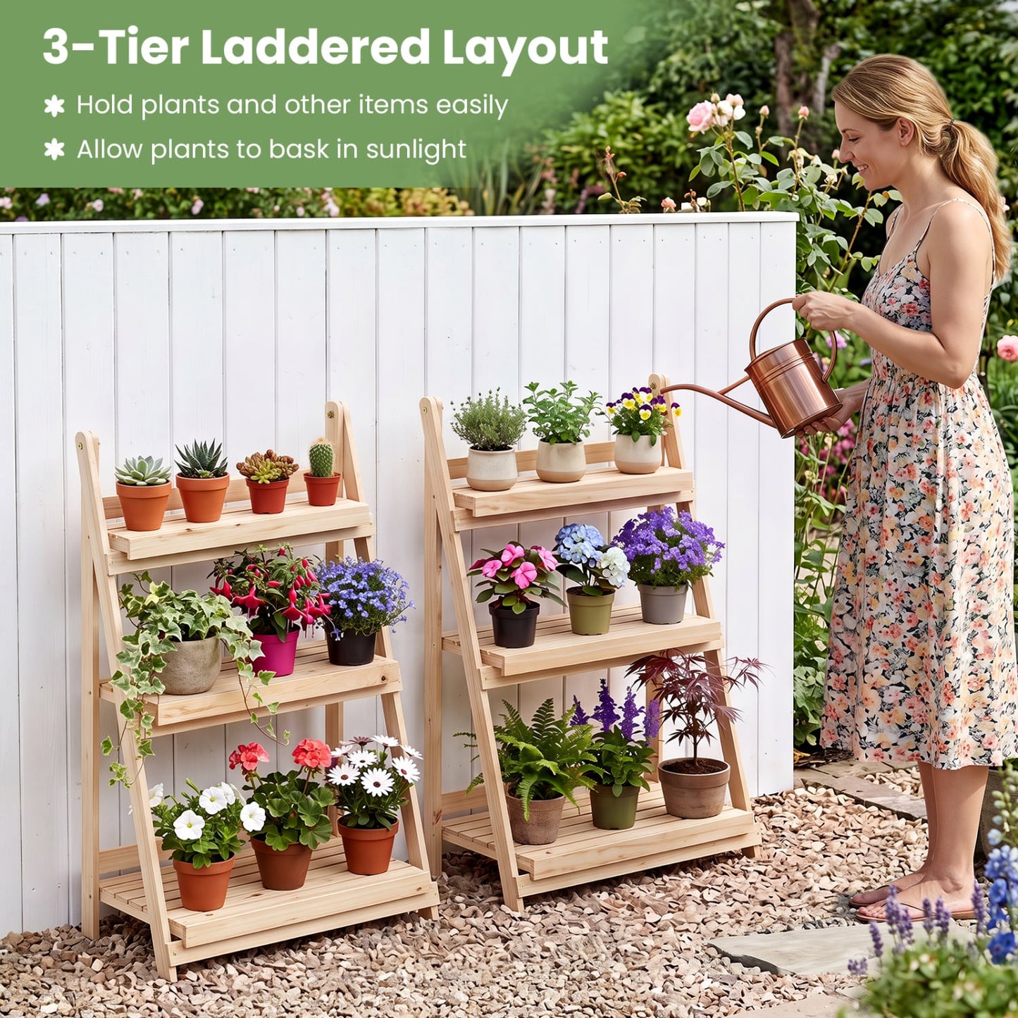 3-Tier Foldable Plant Stand, Slatted Shelves, Fir Wood, Natural